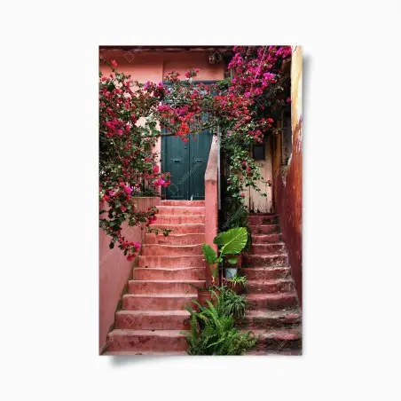 Póster escalera florida entre muros rosados – Pixers®