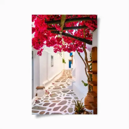 Póster calle mediterránea con buganvillas rosas – Pixers®