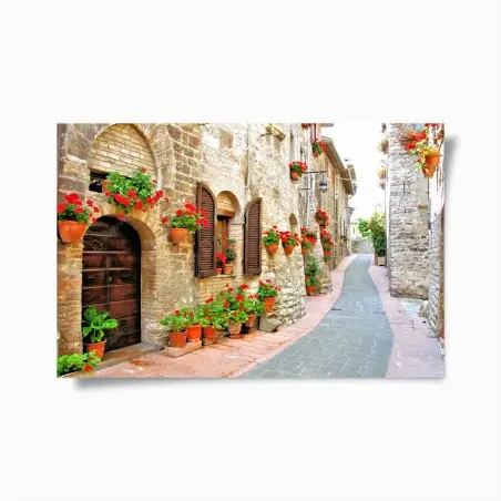 Póster callejón florido en pueblo rústico – Pixers®