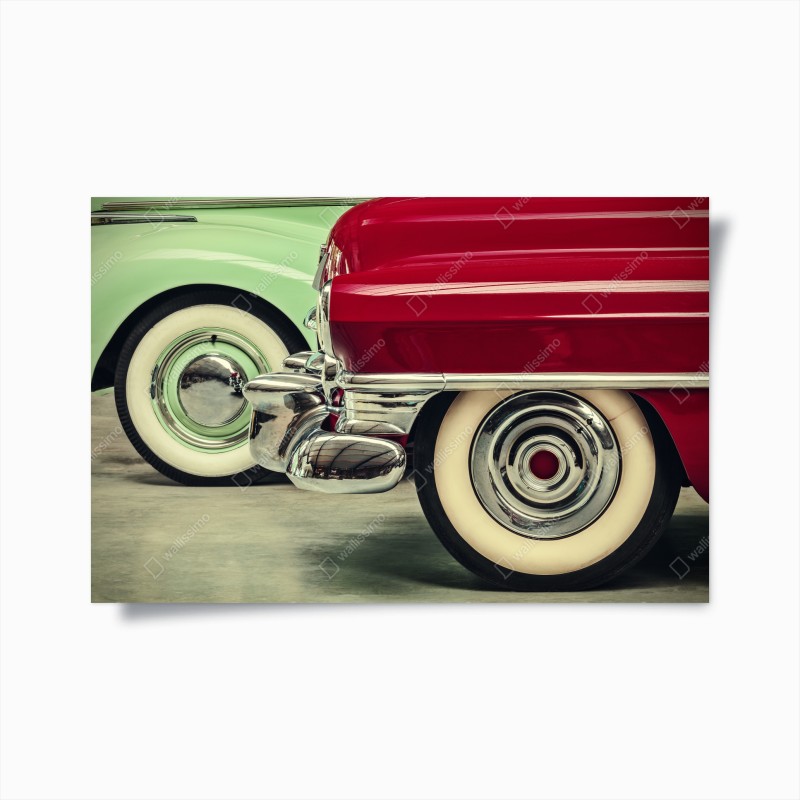 Póster detalle retro de coches clásicos: ruedas y cromados