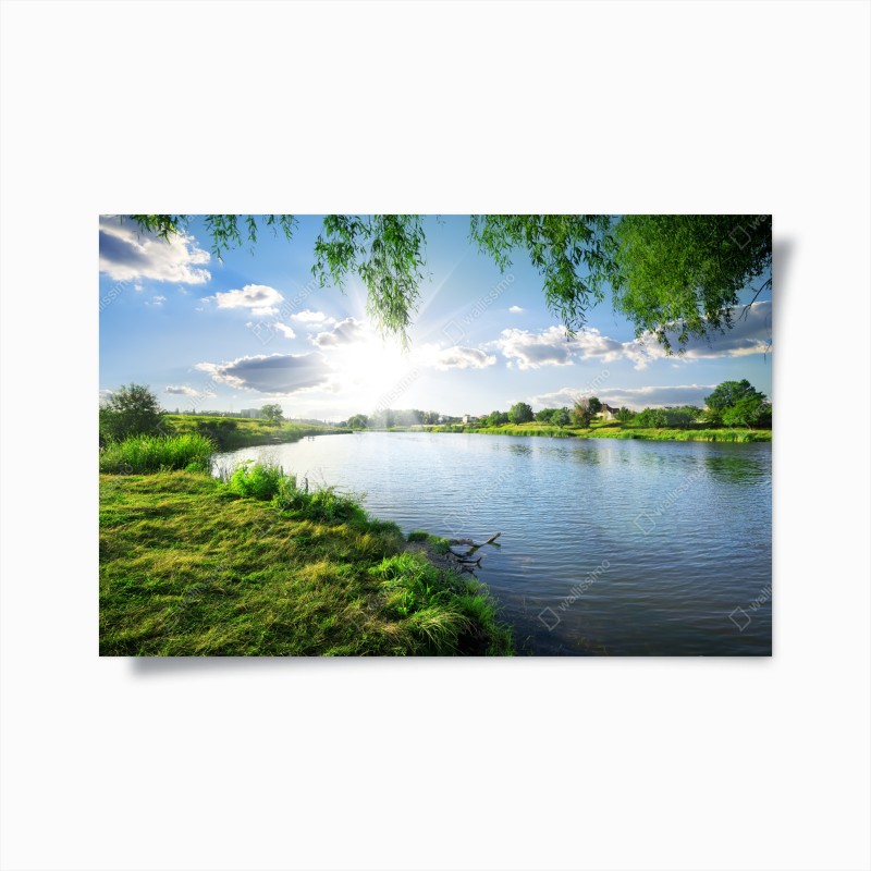 Póster paisaje ribereño sereno con sol radiante