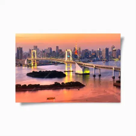 Póster paisaje urbano de Tokio al atardecer con puente iluminado – Pixers®