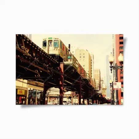 Póster vibrante escena urbana con tren elevado en Chicago – Pixers®