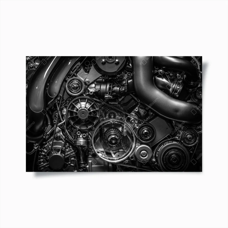 Póster detalle mecánico industrial en blanco y negro