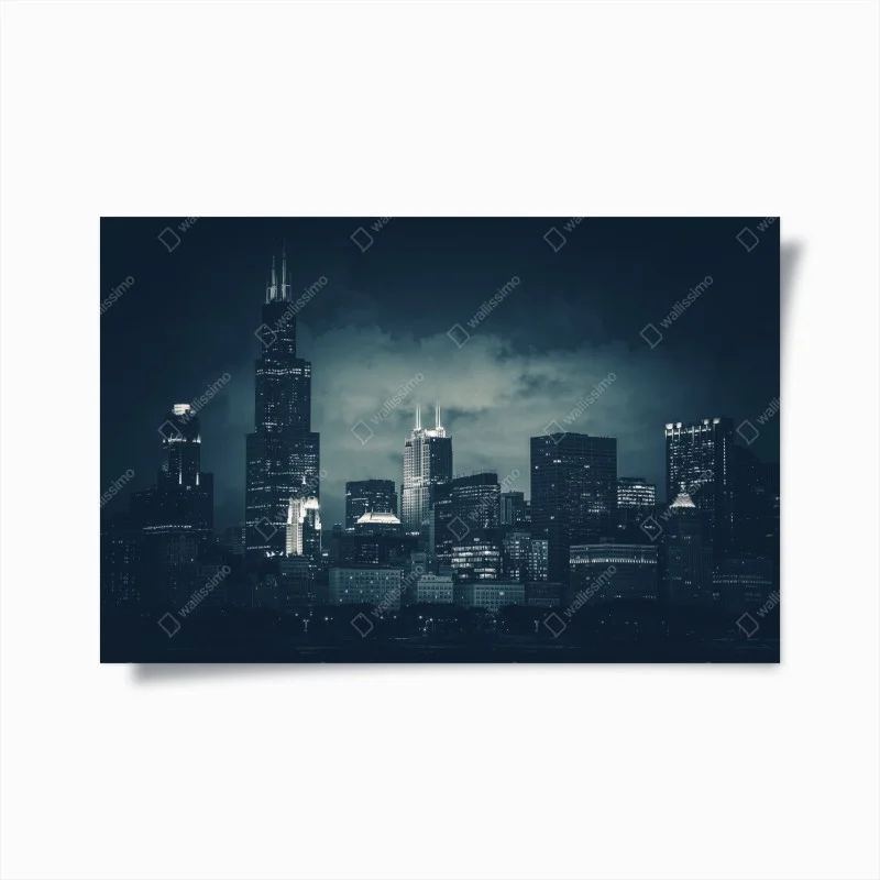 Póster panorámica nocturna de Chicago en azul oscuro