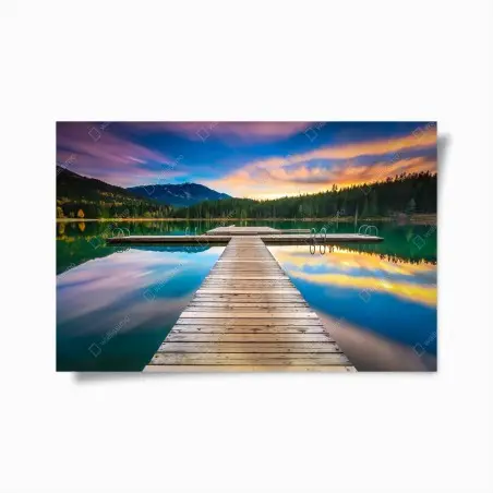 Póster muelle sobre lago montañoso al atardecer – Pixers®