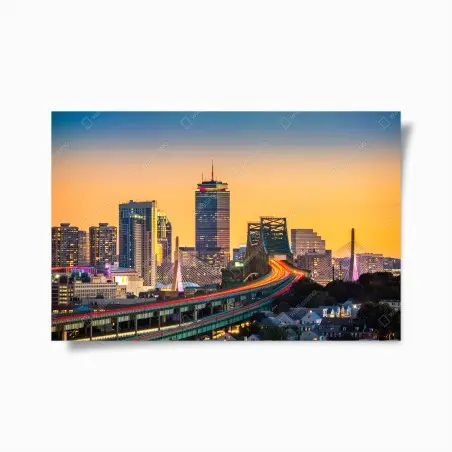 Póster puesta de sol sobre el puente Tobin y el skyline de Boston – Pixers®