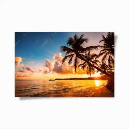 Póster puesta de sol con palmeras en la playa de República Dominicana – Pixers®
