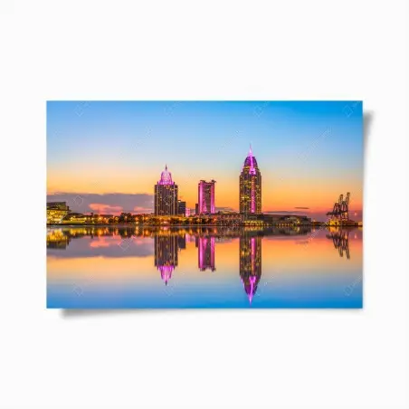 Póster amanecer en Mobile: horizonte urbano reflejado – Pixers®