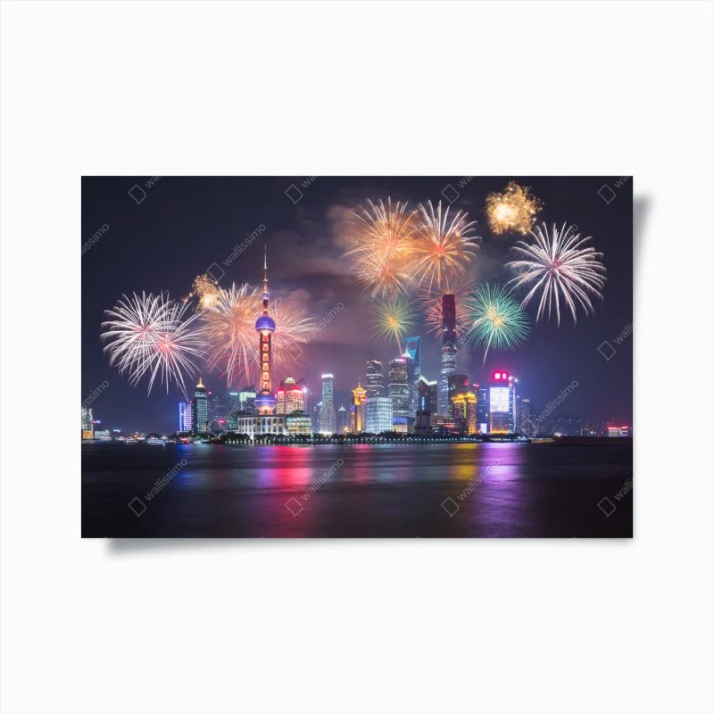 Póster panorama nocturno festivo de Shanghái