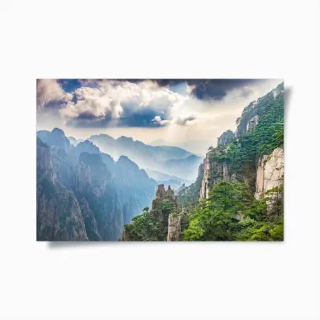 Póster paisaje de montañas brumosas al amanecer – Pixers®