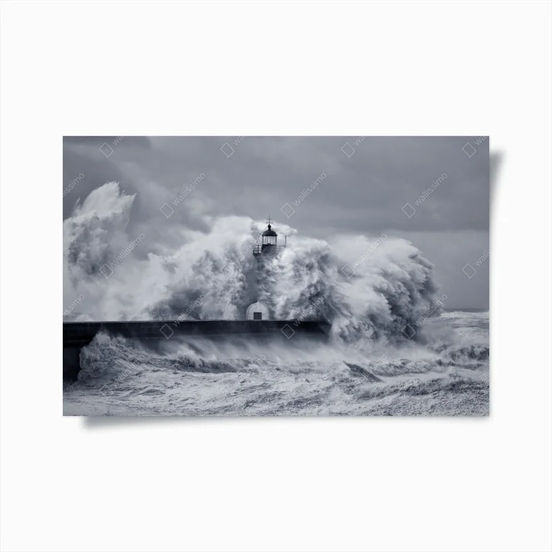 Póster faro en la boca del Duero rodeado de olas