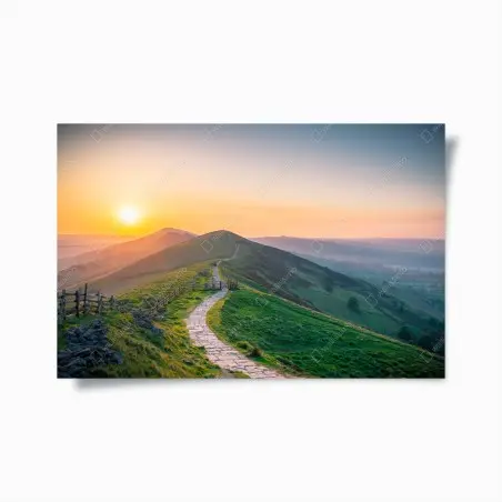 Póster amanecer sobre colinas y sendero de piedra – Pixers®