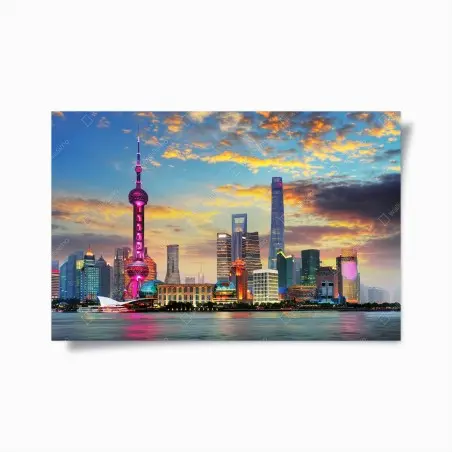 Póster atardecer vibrante sobre el horizonte de Shanghai – Pixers®