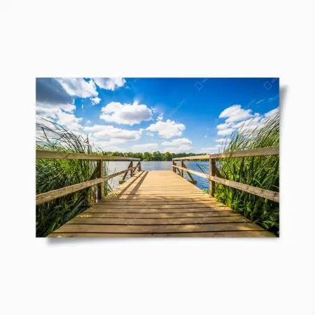 Póster muelle de madera hacia el lago bajo cielo azul – Pixers®