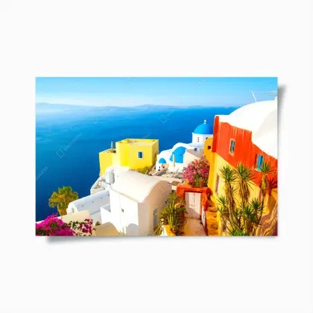 Póster amanecer en Santorini: cúpulas azules y casas blancas – Pixers®