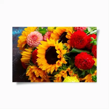 Póster explosión floral: girasoles y dalias vibrantes – Pixers®