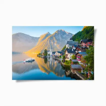 Póster amanecer en Hallstatt: tranquila vista al lago – Pixers®