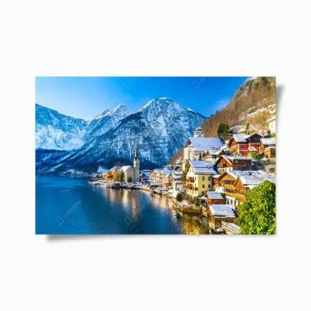 Póster paisaje invernal de Hallstatt junto al lago – Pixers®