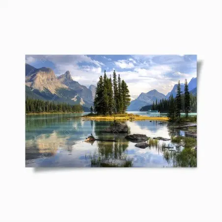 Póster lago montañoso con isla de pinos – Pixers®