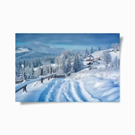 Póster sendero hacia el pueblo alpino nevado – Pixers®
