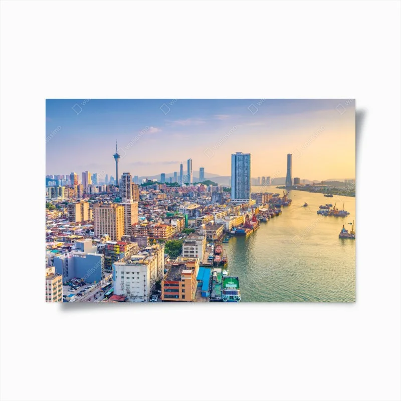 Póster panorama urbano de Macau al atardecer