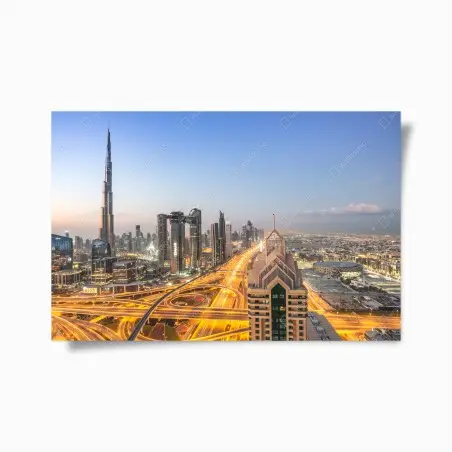 Póster amanecer en Dubai: horizonte de rascacielos – Pixers®