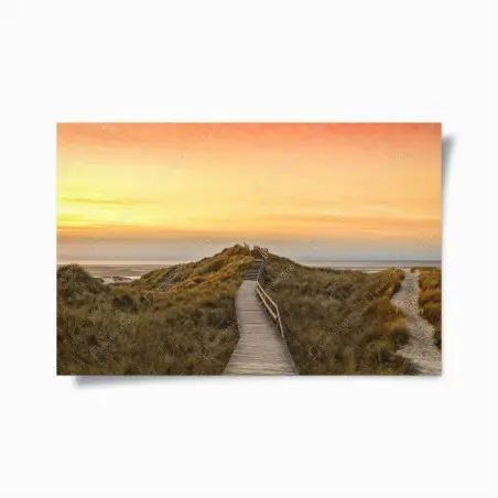 Póster sendero de madera hacia la playa de Norddorf en Amrum al atardecer – Pixers®