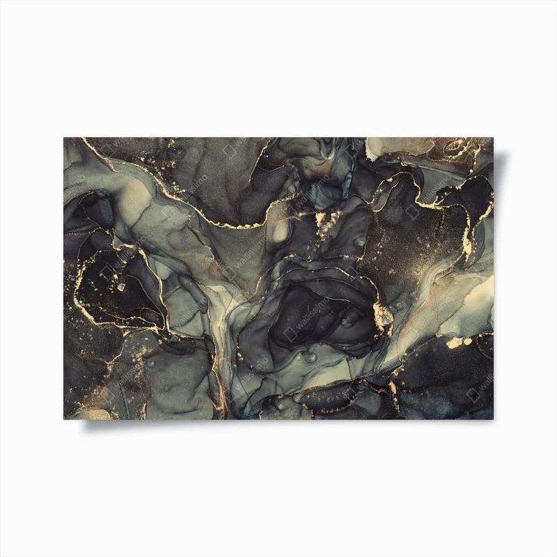 Póster arte abstracto líquido en tonos gris y dorado