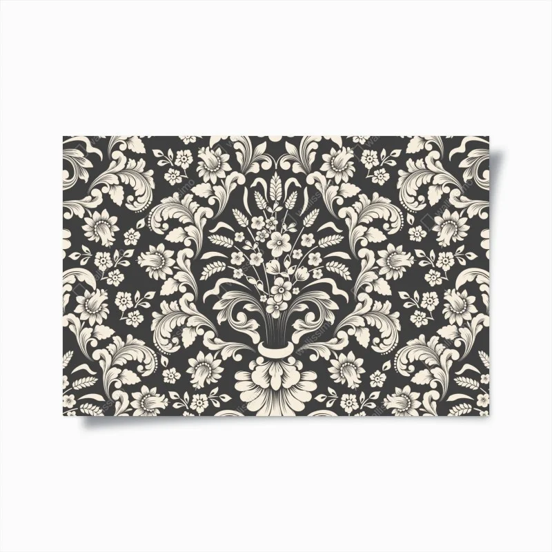 Póster motivo damasco floral en tonos crema y gris oscuro