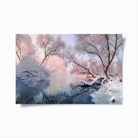 Póster amanecer nevado junto al río – Pixers®