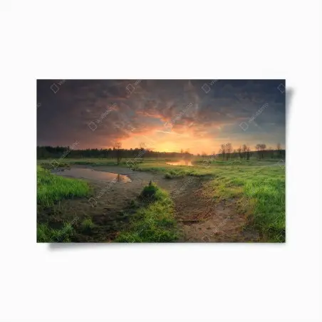 Póster puesta de sol sobre el humedal tranquilo – Pixers®