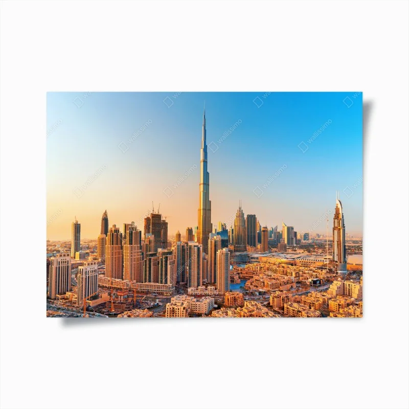 Póster amanecer sobre Dubai: horizonte icónico con Burj Khalifa