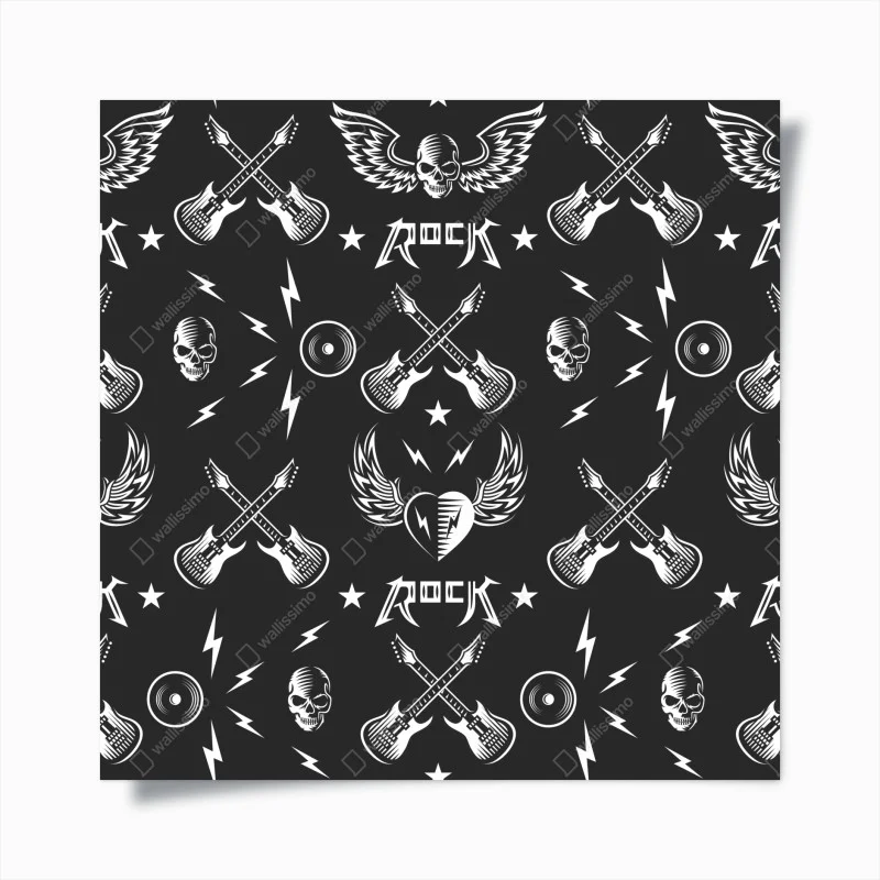 Póster diseño rock en blanco y negro con guitarras y calaveras