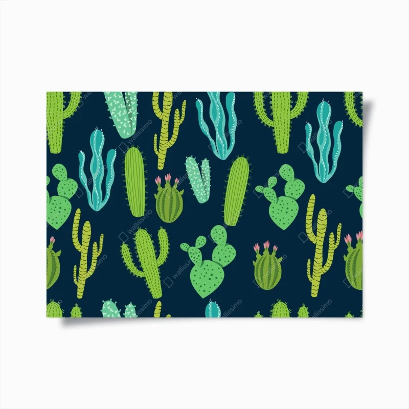 Póster patrón de cactus y suculentas en tonos verdes y azules