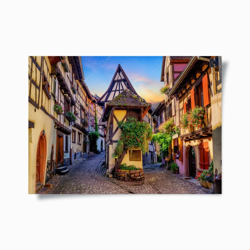 Póster calles pintorescas de Eguisheim en Alsacia