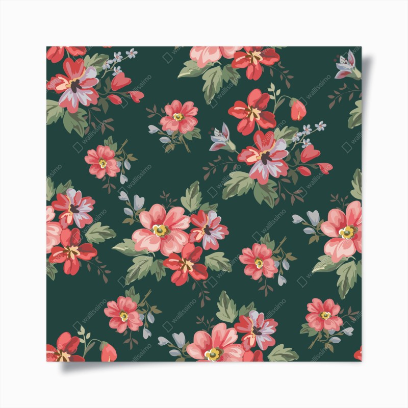Póster patrón floral vintage en tonos rosa y rojo sobre fondo verde oscuro