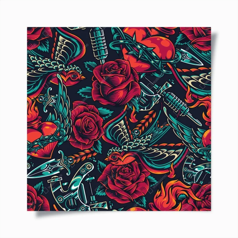 Póster diseño retro de rosas y golondrinas con actitud rock