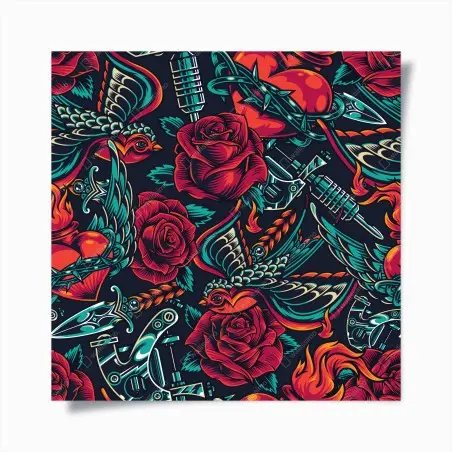 Póster diseño retro de rosas y golondrinas con actitud rock – Pixers®