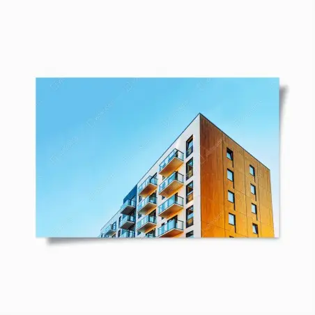 Póster fachada contemporánea con balcones y cielo azul – Pixers®
