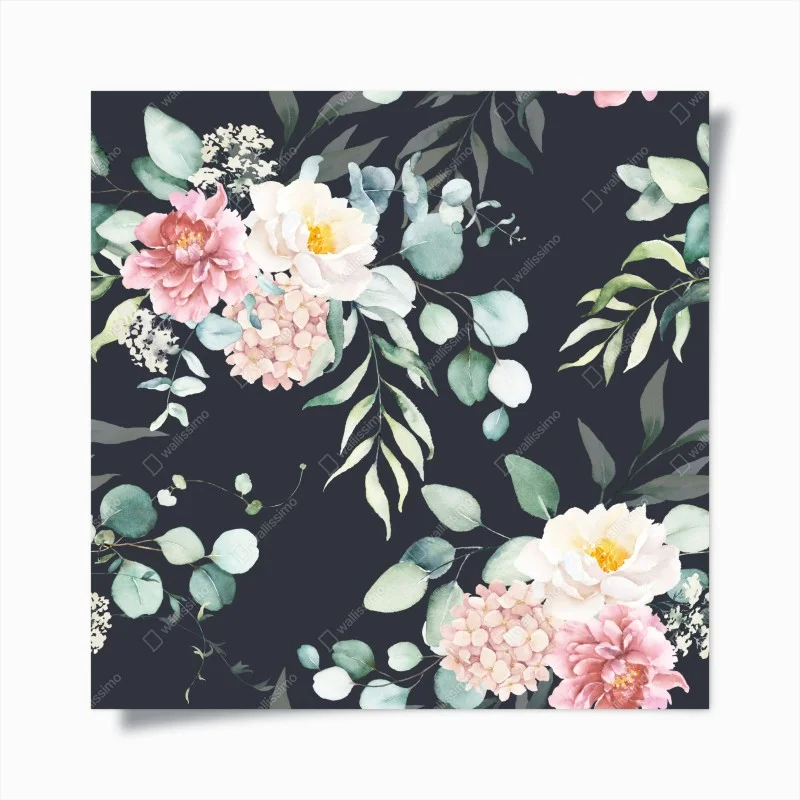 Póster composición floral acuarelada sobre fondo oscuro