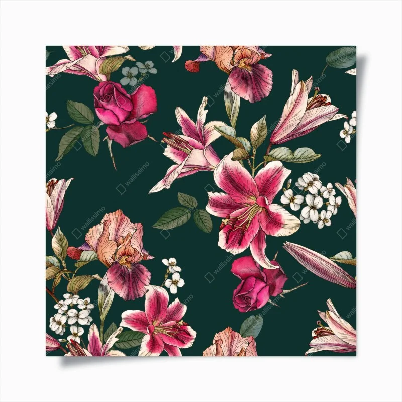 Póster estampado floral vintage en tonos rosa y verde oscuro