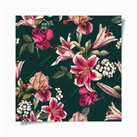 Póster estampado floral vintage en tonos rosa y verde oscuro – Pixers®