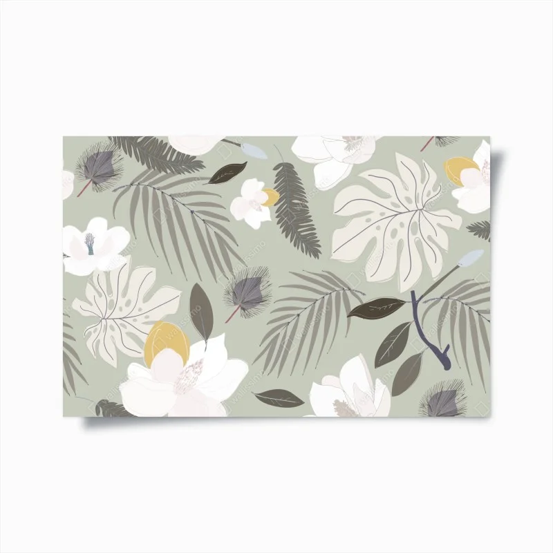 Póster patrón botánico de magnolias y hojas tropicales