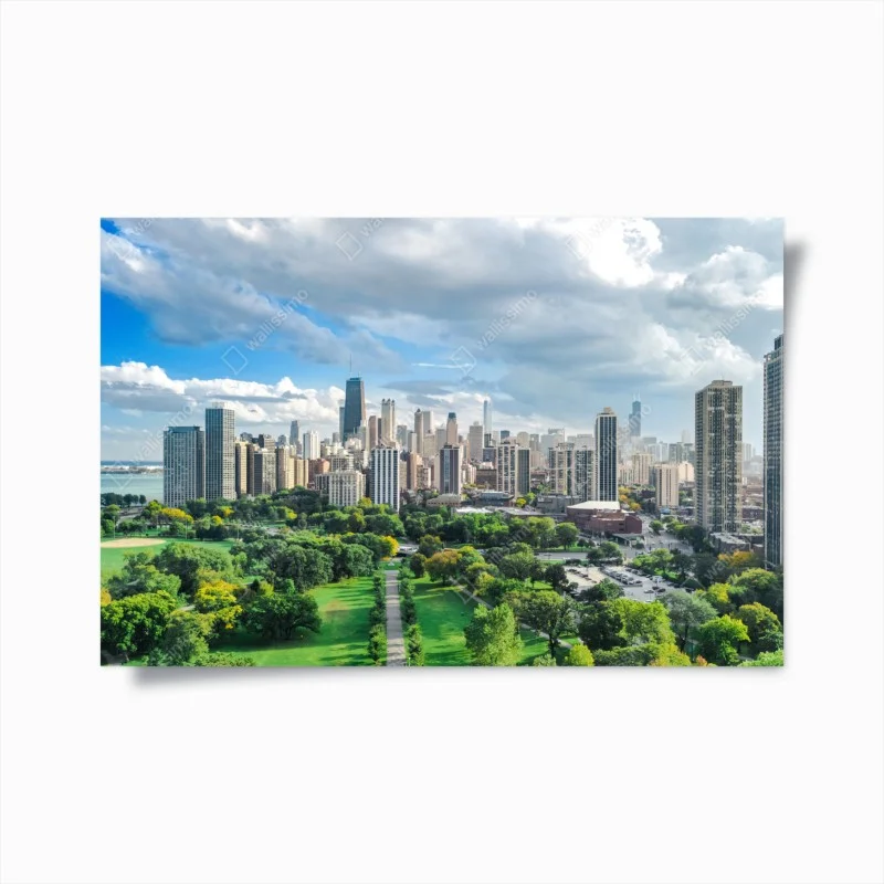 Póster panorama urbano de Chicago con parque y lago