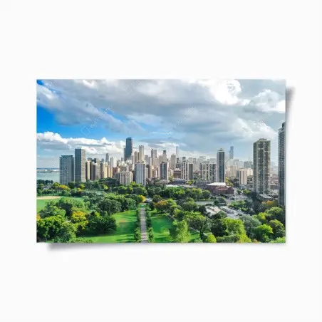Póster panorama urbano de Chicago con parque y lago – Pixers®