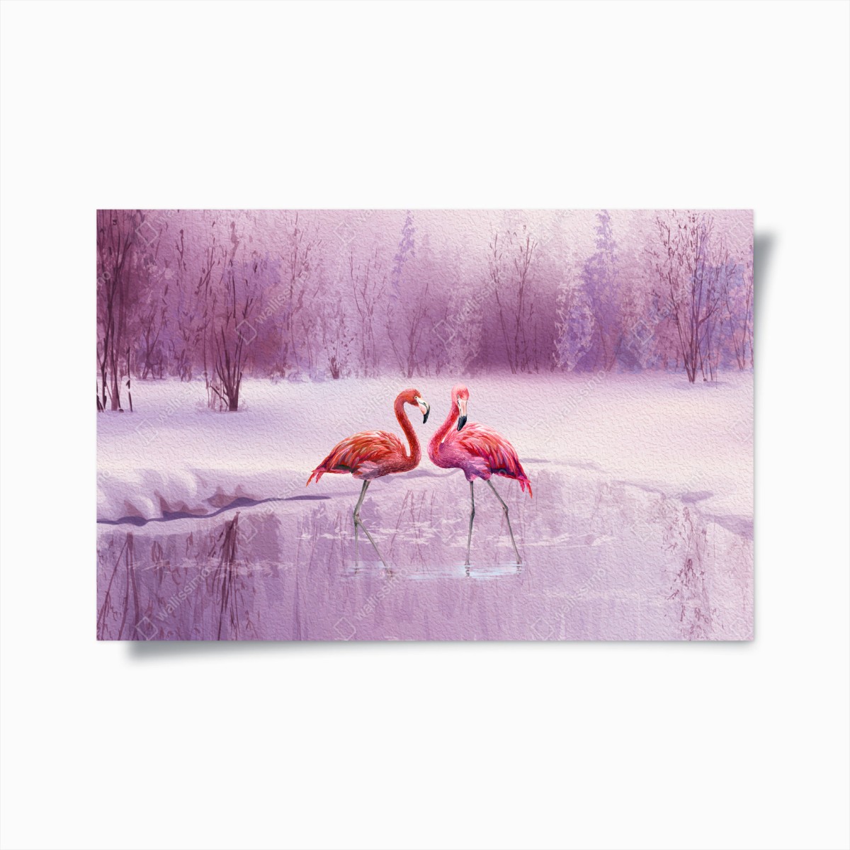 Póster pareja de flamencos en paisaje invernal púrpura – Pixers®