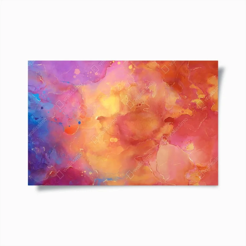 Póster arte abstracto en tonos cálidos y fríos con vetas doradas
