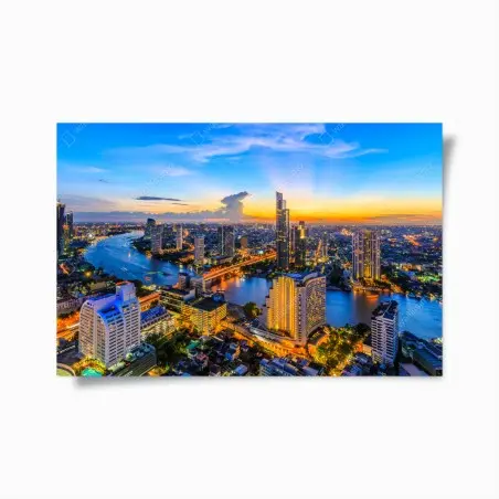 Póster atardecer urbano sobre el río iluminado – Pixers®