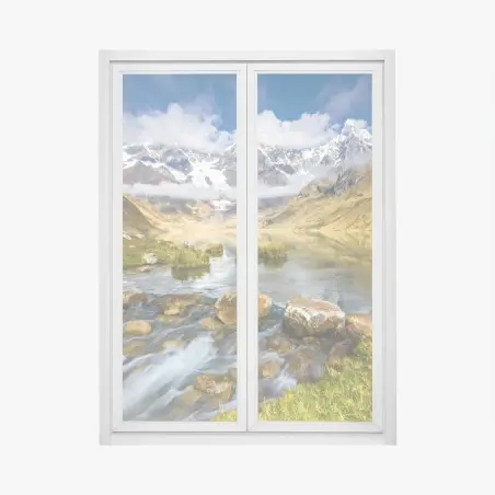 Pegatina para ventana lago de montaña con cumbres nevadas y reflejos – Pixers®